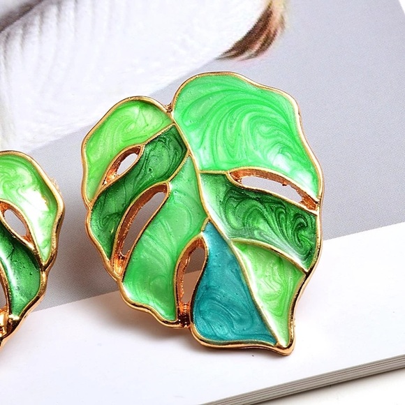 Monstera Tropical leaf earrings enamel boho chic - Picture 6 of 6